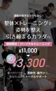 運動が苦手な方でも安心!整体×トレーニングで姿勢を整え引き締まるカラダへ。初回限定パーソナルトレーニング3300円。筋力だけでなく、柔軟性・動作まで、あなたの体をトータルサポート。